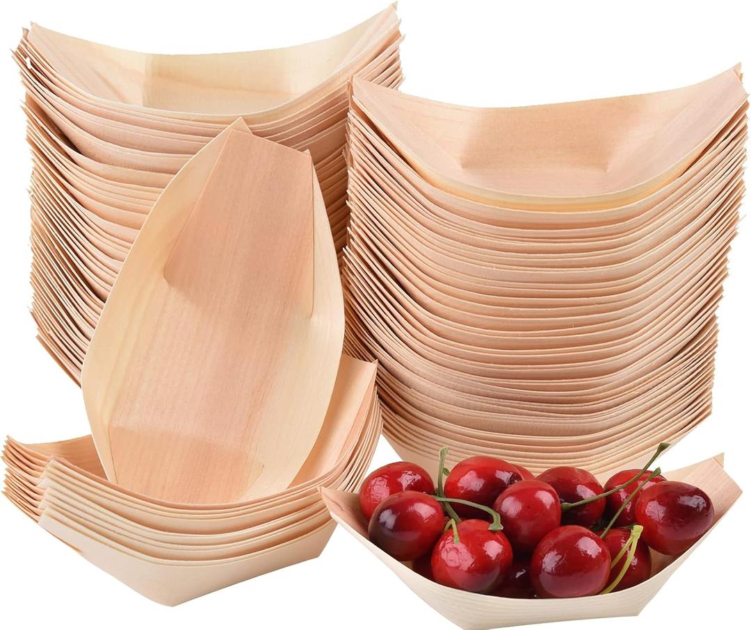 JEPELUS 100Pcs 5" Disposable Wood Boat Plates Dishes, Mini Appetizer Plates Best for Food Display, Health Friendly Wooden Sushi Boat Serving Tray, Wooden Plate Food Container for Restaurants Home