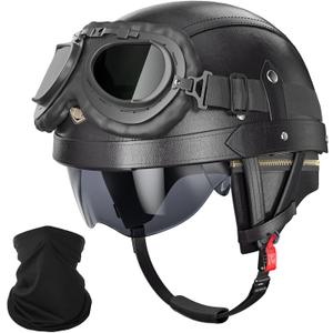 German Style Motorcycle Helmet - DOT Approved Vintage Leather Novelty Half Helmets for Motorcycle with Goggles/Visor, Removable Lining/Earmuffs, for Cruiser Scooter Chopper Moped, for Adults Men Women