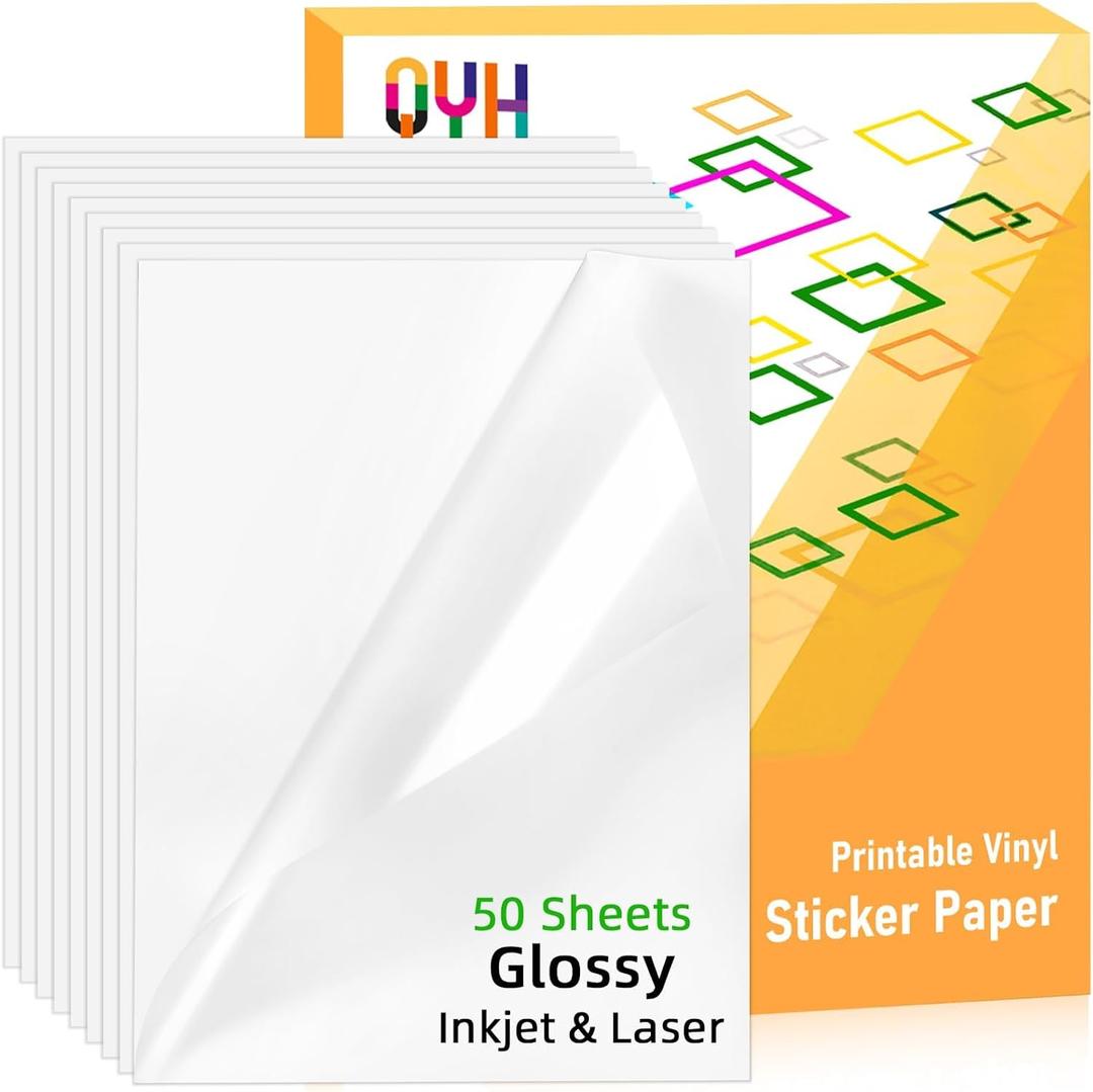 QYH Premium Printable Vinyl Sticker Paper-50 Sheets Glossy White, Quick-Drying Waterproof, Compatible with Inkjet & Laser Printer, Vivid Prints for DIY Crafts