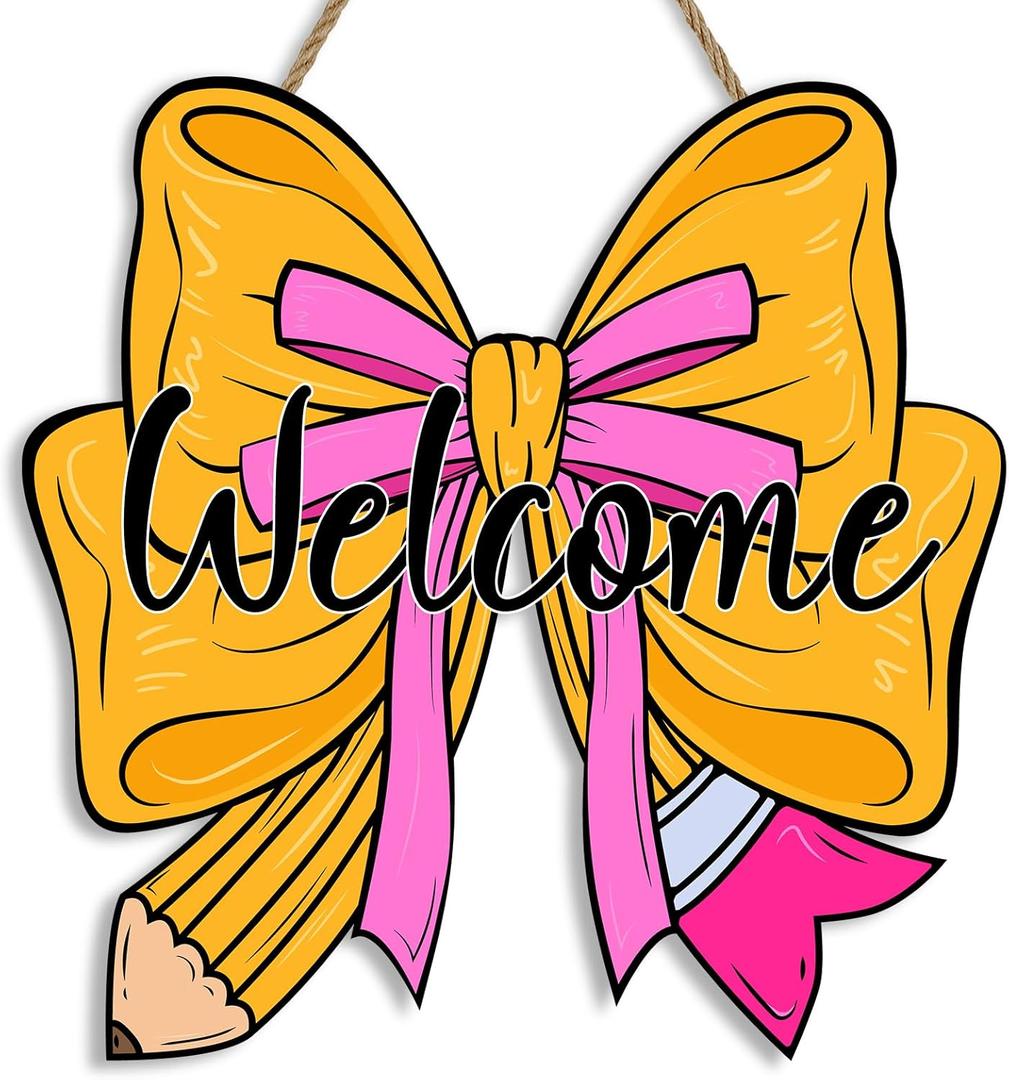 Back to School Welcome Door Sign for Classroom Decorations, Cute Pencil Bow Design First and Last Day of School Welcome Wooden Wall Hanging Wreath Decor for School Classroom