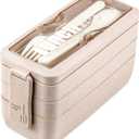 Iteryn Bento Box Lunch Box, 3-In-1 Compartment Lunch Containers - Wheat Straw, Leakproof Stackable Bento Lunch Box Meal Prep
