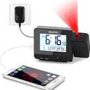 SMARTRO Digital Projection Alarm Clock for Bedrooms with Indoor Thermometer Hygrometer, USB Charger, Bedside Projector, Travel, AC and Battery Operated, Classic 