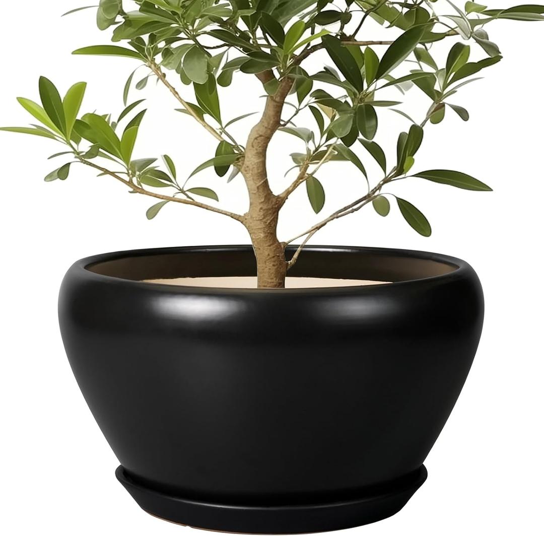 Ceramic Pot for Plants Large - 13 Inch Plant Pot Indoor with Drainage Hole and Saucer Round Planter Decorative Planter Outdoor Flower Pot for House Decor Balcony Black