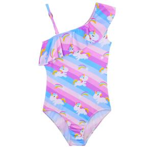 Girl Bathing Suit Size 9-10 Years Old Pink Purple Unicorn Swimsuit One Shoulder Ruffle Swimsuit One Piece Swimwear