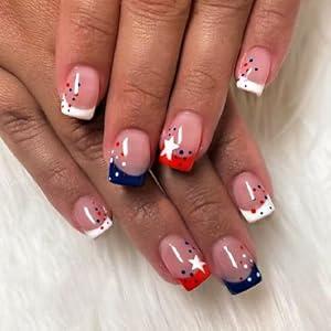 LBPEPAMZ 24Pcs 4th of July Press on Nails Independent Day False Nails with Star Little Dot Design White Red Blue French Tip Acrylic Fake Nails Pink Nude Full Cover Glossy Stick on Nails for Women