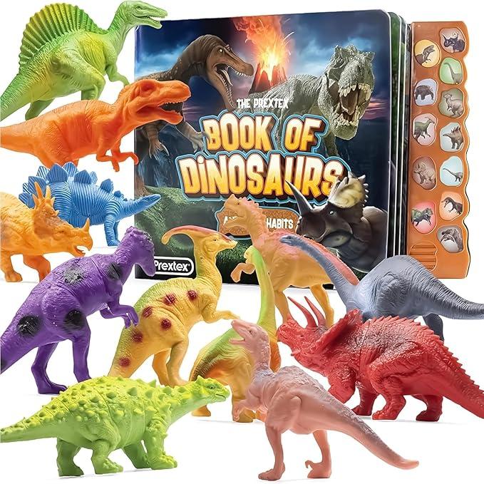 PREXTEX Dinosaur Toys for Kids 3-5 - 11 Dinosaur Figurines and Dino Book for Kids with Sound - Realistic Toy Dinosaurs Figures - Dino Toys with Sound Books