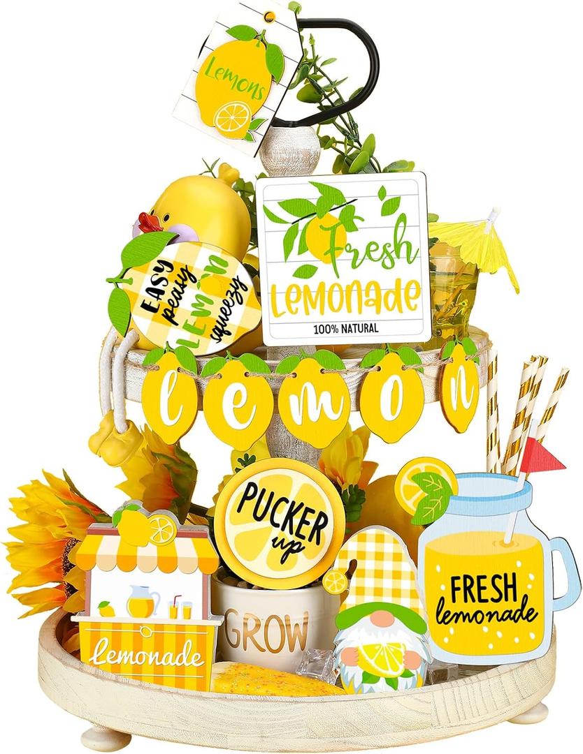 Yalikop 11 Pieces Lemon Tiered Tray Decor Set Gnome Fresh Lemonade Wooden Sign Yellow Lemon Wood Blocks Standing Sign Summer Tray Decor for Home Summer Kitchen Table Decoration(Lemon Style)