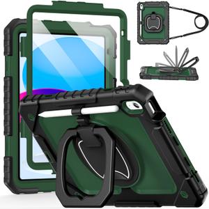 Cantis Case for iPad (A16) 11th/ 10th Generation 11/ 10.9 Inch 2025/ 2022, Shockproof Case for iPad 11 with Screen Protector/ Rotating Stand/ Adjustable Shoulder Strap/ Pen Holder, Black+Alpine Green