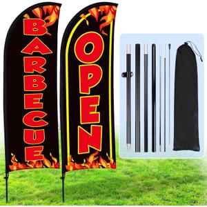 Buryeah 2 Sets Barbecue BBQ Open Feather Flag Kit 8 ft Barbecue Flag Banner with Pole Ground Stake and Portable Bag for Restaurant BBQ Sign Business Advertising Outside Ground(Black)