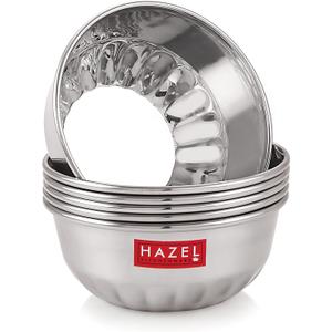 Hazel Stainless Steel Serving Bowls Set of 6 | Mirror Finish Katori for Snacks, Desserts & Curry | Durable & Rust-Resistant | Indian Tableware for Dining & Kitchen | Dishwasher Safe | 10 oz Each