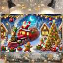 Christmas Backdrop 70.9 x 43.3 Inches Santa Train Wall Banner with Gingerbread Man Holiday Tree Decoration Fabric Background for Kids Room Winter Party Indoor Outdoor Photo Booth