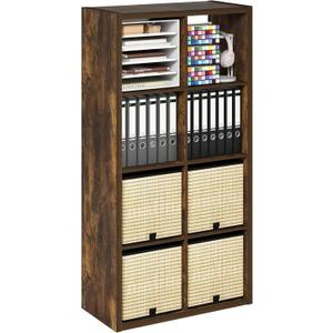 Furinno Cubicle Book Shelf, 8-Cube Thick Frame Bookshelf, Horizontally & Vertically Reversible Bookcase with Open Back, 14.6" x 30" x 57.9", for Living Room, Bedroom, Home Office, Amber Pine