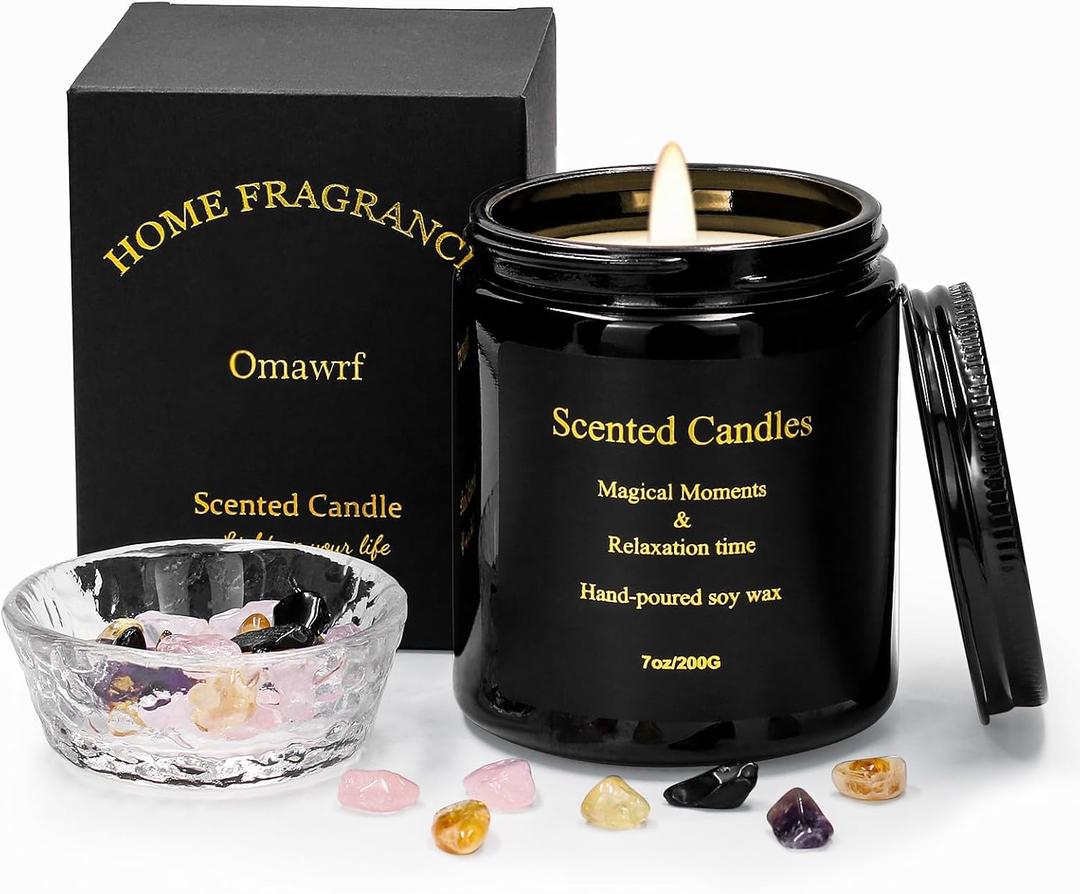 Deep Forest Gentle Scented Candles Set with Healing Crystals for Home Scented,Made of Plant Soy Wax 7oz,Relieve Stress,Balance Energy,Promote Love and Friendship,Attract Wealth