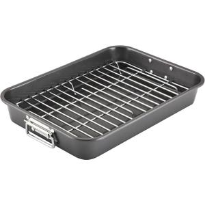 Farberware Bakeware Nonstick Steel Roaster with Flat Rack, 11-Inch x 15-Inch, Gray