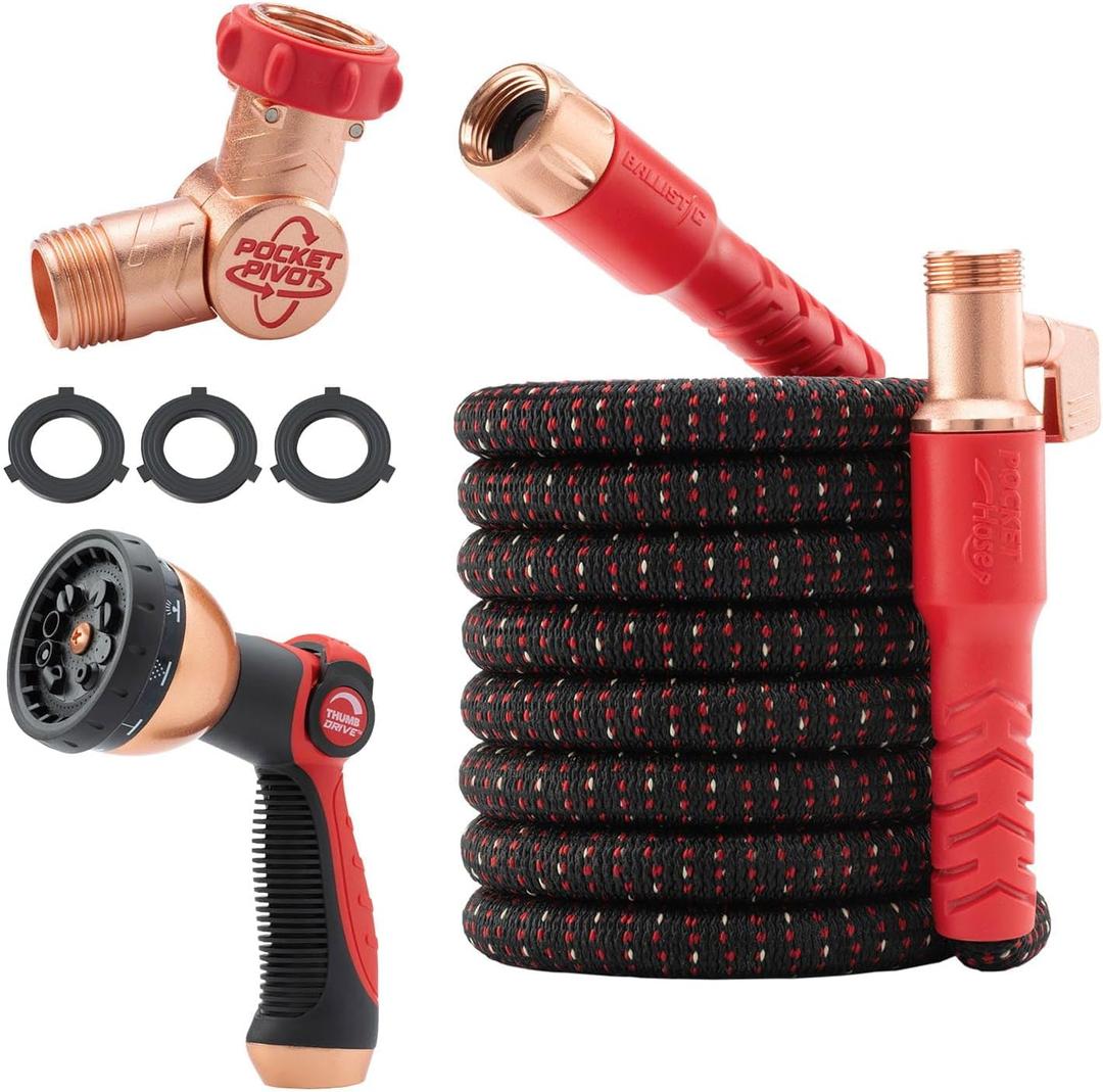 Pocket Hose Ballistic 50 FT Expandable Garden Hose w/Pocket Pivot Swivel Connector, Anti-Burst Sleeve Reinforced with Bulletproof Fiber, Lightweight, No-Kink, Compact, UV-Protected 