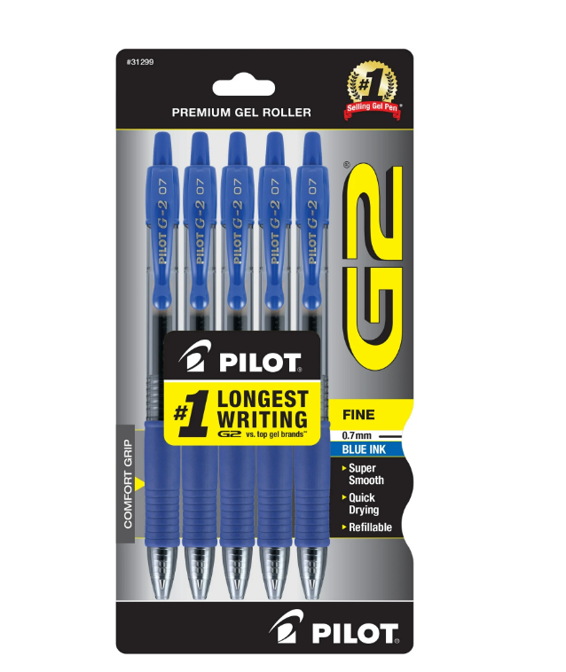 Pilot G2 Premium Gel Roller Pens, Fine Point 0.7 mm, Blue Ink Pens Fine Point, Pack of 5 - Ideal for School, Journaling, and Office Writing, Pack of 6