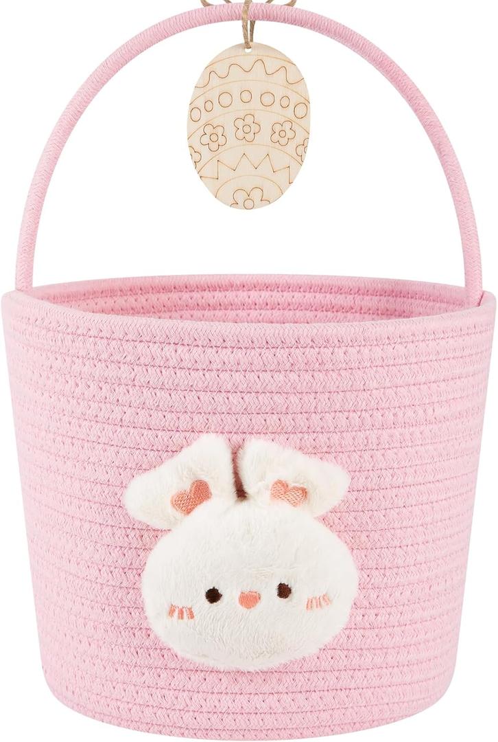 OIAHOMY Gift Basket with Handle, 9.8" x 7.9" x 7.9", Personalized Baby Basket for Kids, Woven Rope Gift Empty for Toys, Baby Treasure Hunt Baskets with Wooden Card for Boys and Girls - Pink