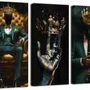 SWQYLB Black Man Canvas Wall Art 3 Pieces African American Pictures Afro King Poster Prints Gold Crown Painting for Men Bedroom Office Decor Framed (Teal, 24x12inchx3 Pieces)