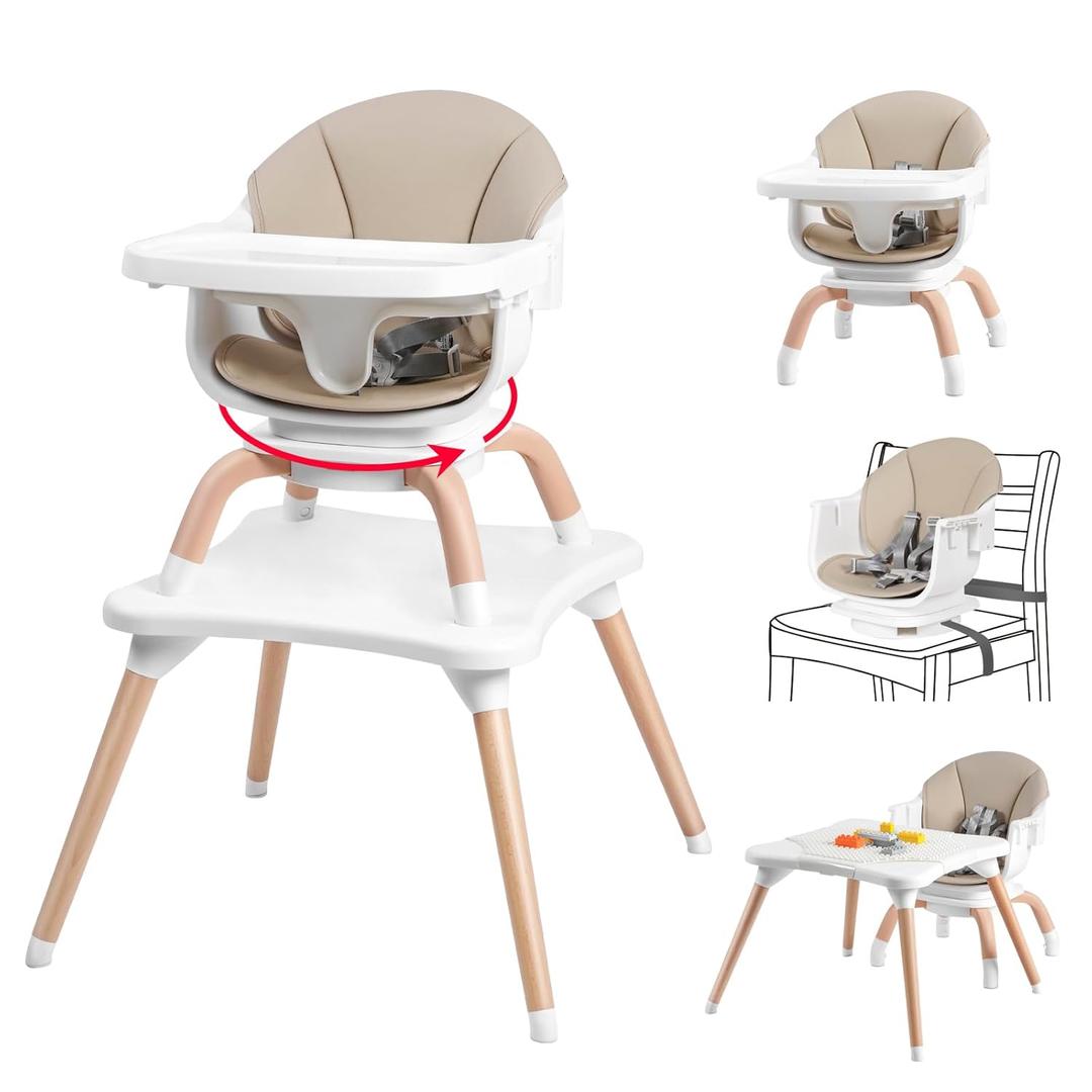 Baby High Chair, 7 in 1 Convertible High Chairs for Babies and Toddlers, Kids Learning Table, Building Block Table, Toddler Dining Chair with 360 Rotating Seat, 5-Point Safety Harness (Khaki)