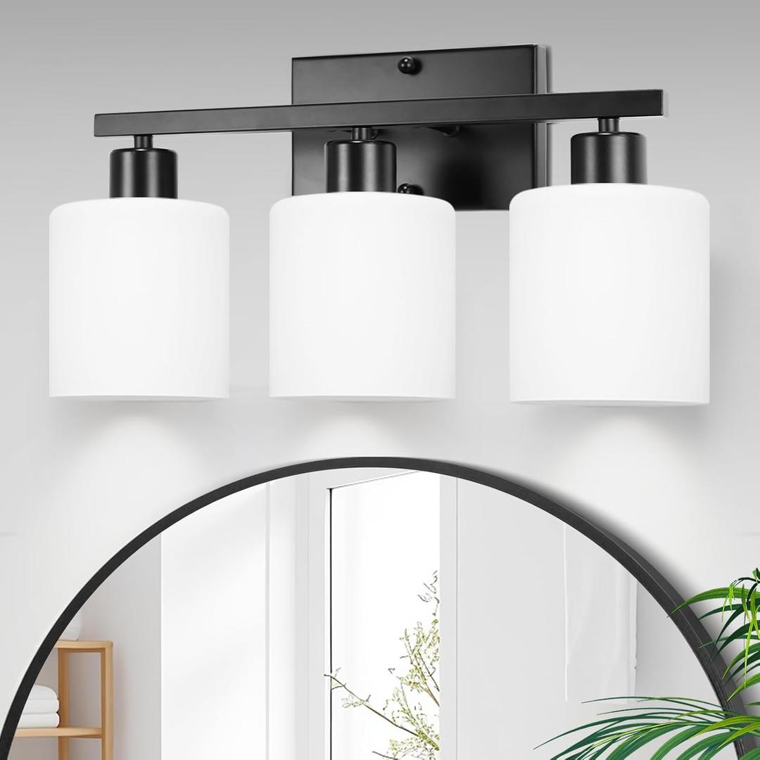 CANMEIJIA 3-Light Bathroom Vanity Light Fixtures, Matte Black Vanity Wall Scones Lighting for Bedroom Living Room, Modern Vanity Lights with Milky White Glass Shades, E26 Socket, Bulbs Not Included