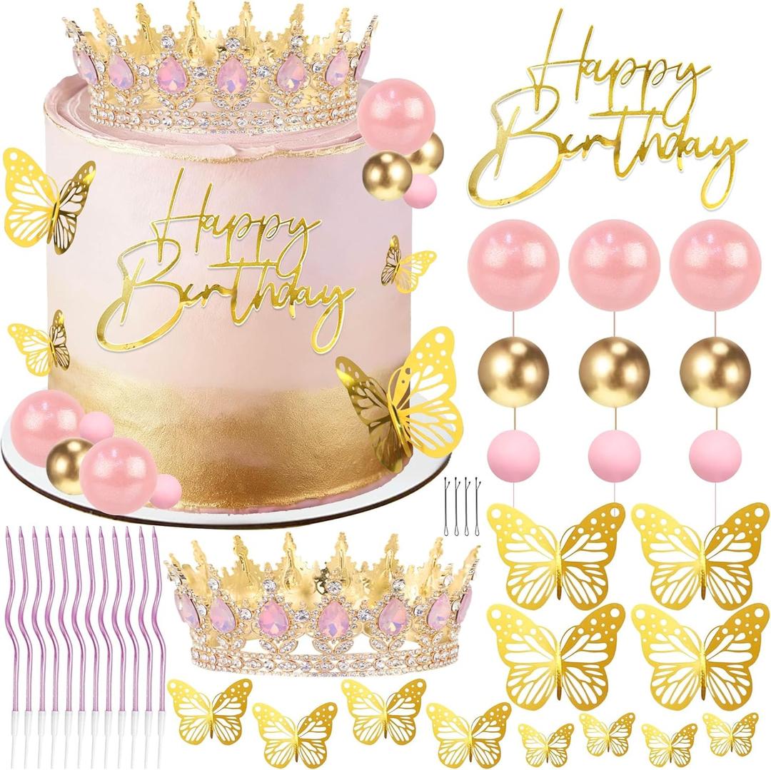 Crown Cake Topper, Pink & Gold Crown Balls Happy Birthday Cake Toppers Birthday Candles Butterfly, Corona Para Pastel, Crown Cake Decorations for Girls Women Queen Princess (Gold, Jelly Pink)