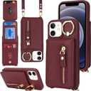 for iPhone 12 Mini Case with Card Holder for Women, for iPhone 12 Mini Phone Case Wallet with Strap Credit Card Slots Crossbody with Kickstand Zipper Case - Red Wine