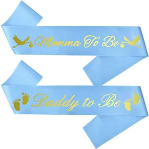 CoolerthingsDG, "Momma To Be" & "Daddy To Be" Baby Shower Sash Bundle,With Cute Stork Image (Blue & Gold Lettering) BOY Baby Shower Party Decorations, Favors, Mommy Supplies Gender Reveal (BLUE)