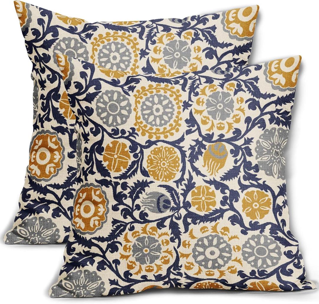 Navy Blue Yellow Grey Pillow Covers 18x18 Set of 2 Boho Carpet Pattern Decorative Throw Pillows Outdoor Pillowcase Vintage Floral Farmhouse Square Linen Cushion Case Decor for Sofa Couch Bed