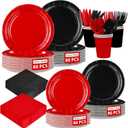 560 Pcs Red and Black Party Decorations Graduation Black and Red Plates Napkins Cups Forks Disposable Stranger Tableware Set for Congrats Grad Fiesta Holiday Wedding Birthday Party Supplies Serves 80