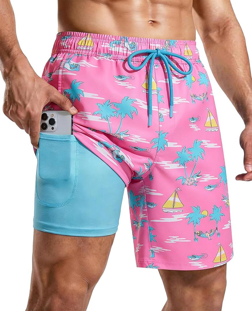 Mens 7 Inch Swim Trunks with Compression Liner and Zipped Pocket Quick Dry Board Shorts Bathing Suit for Beach (Pink, XXL)