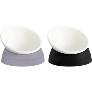 Ravitat 2Pcs Elevated Cat Food Bowl - Adjustable, Anti-Slip & Anti-Noise, Protects Pet's Spine - Thickened Plastic, 17 Oz (Milky White, Black & Milky White, Grey)