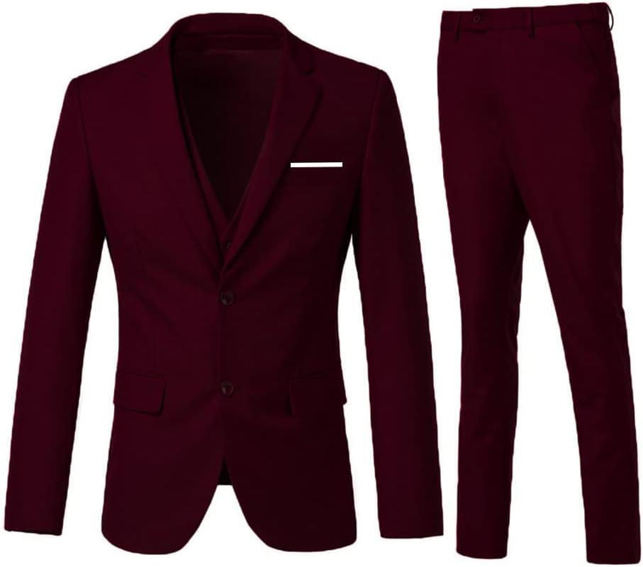 Men's 3 Piece Slim Fit Suit Set, Two Button Blazer Solid Jacket Vest Pants Wedding Business Suit (Small, Burgundy)