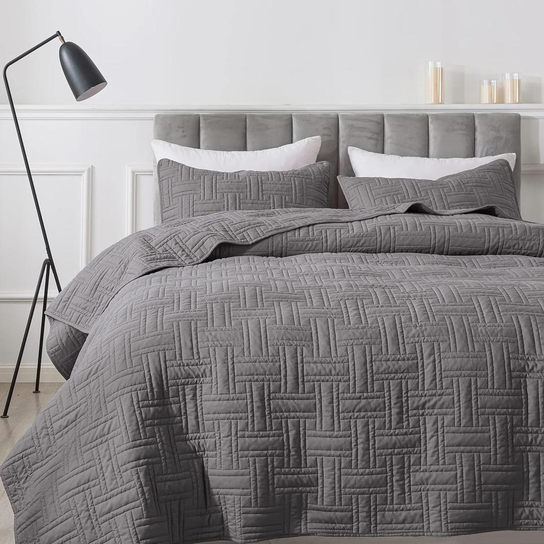 R.SHARE Dark Grey Quilt King Size Bedding Sets with Pillow Shams, Lightweight Soft Bedspread Coverlet, Basket Weave Quilted Blanket Thin Comforter Bed Cover for All Season, 3 Pieces, 104x90 inches