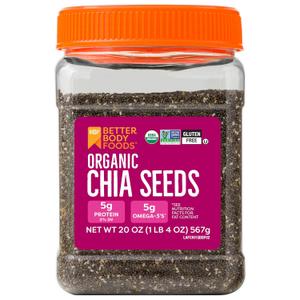 BetterBody Foods Organic Chia Seeds with Omega-3, Non-GMO, Gluten Free, Keto Diet Friendly, Vegan, Good Source of Fiber, Add to Smoothies, 1.25lb (EXP 05/13/28)