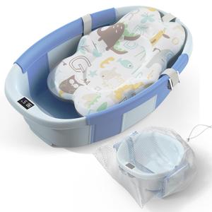 Collapsible Baby Bathtub  Large Baby Bath Tub with Thermometer & Cushion | Travel Portable Newborn Infant Bathtub | Foldable Toddler Bathtub for Baby 0 to 36 Months (Blue)