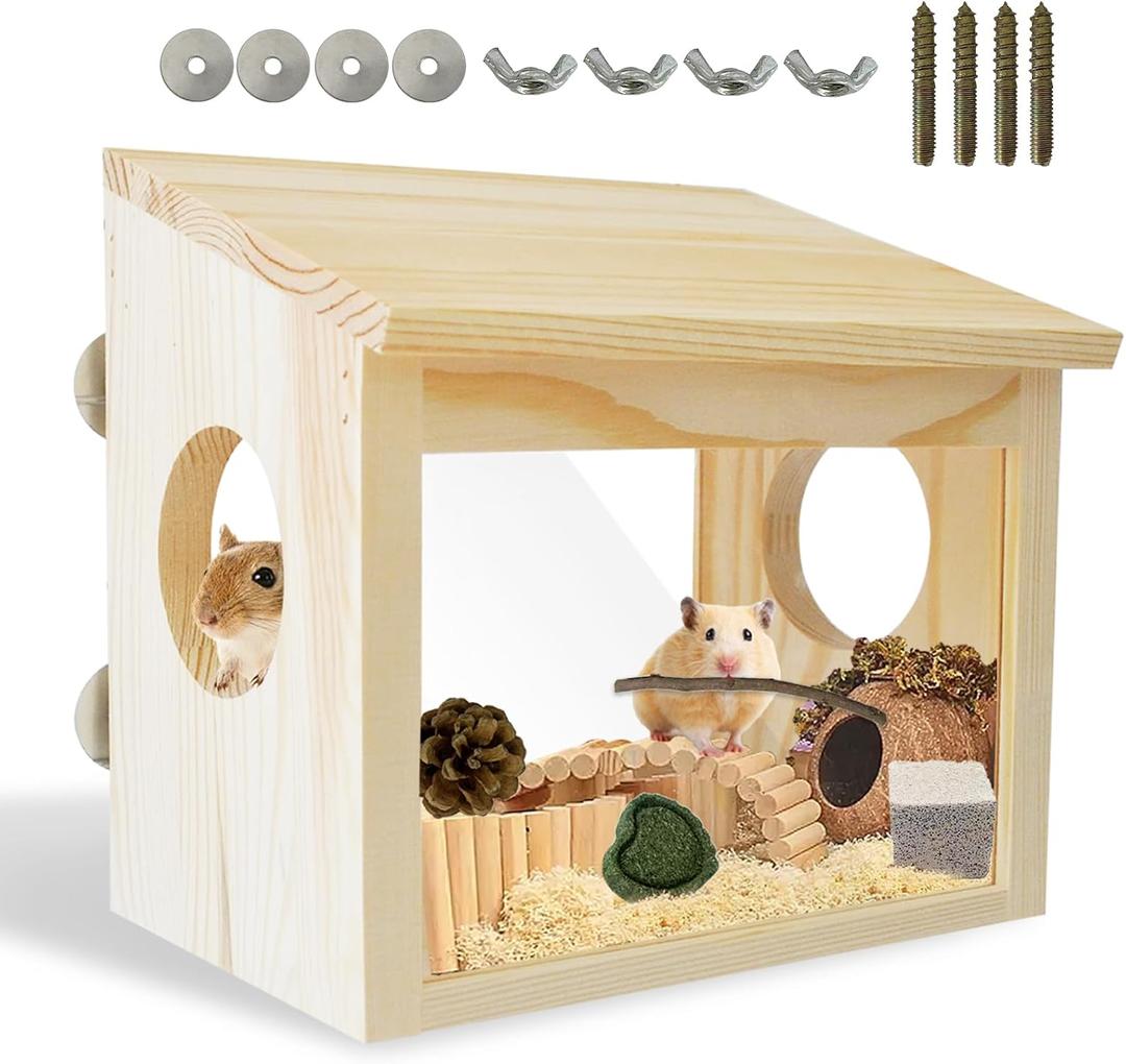 Visible Hamster Digging Box Hamster Sand Bath Container Rat Hideaway Wood Wooden House Hideout Exploration with Acrylic Plate Accessories Dwarf Syrian Rat Hideaway Wood Mice Gerbils Lemmings