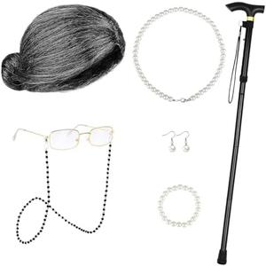 Apoway 100 Days of School 9-Piece Old Lady Wig Costume Set Grandma Dress Up Cap Glasses Cane Pearl Necklace Bracelet Earrings