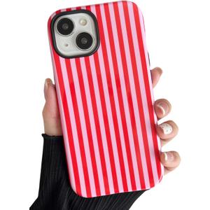 Longlayss Compatible with iPhone 14 Plus/15 Plus Case Cute Aesthetic Striped Phone Case for Women Girl Shockproof Slim TPU and Hard PC Protective Cover (Pink and Red)