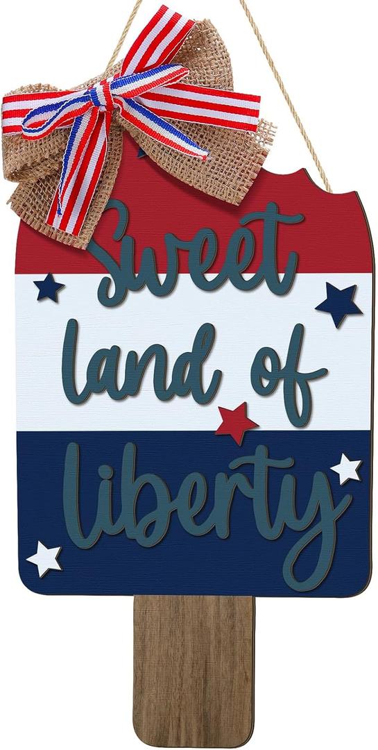 Gerrii 4th of July Door Sign Ice Pop Shaped Patriotic Wood Wreath for Front Porch Door Hanger Sign America Memorial Day Hanging Decor Independence Day 250th Anniversary Decor for Wall Window