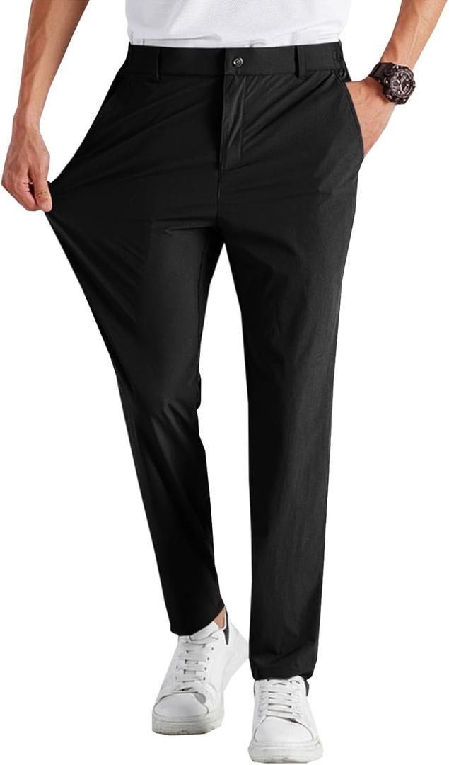 Runcati Mens Stretch Golf Pants Casual Slim Fit Dress Pants Elastic Waist Tapered Work Cropped Trousers (Medium, Black)