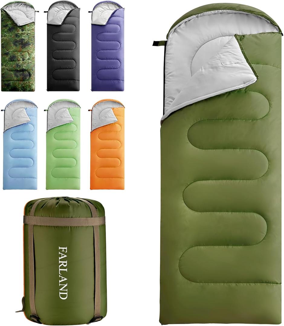 FARLAND Sleeping Bags 30 for Adults Teens Kids with Compression Sack Portable and Lightweight for 3-4 Season Camping, Hiking,Waterproof, Backpacking and Outdoors (Medium(87"x 29.5"), Army green (R Zip))