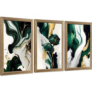 VisionaryBrush Framed Emerald Green Wall Art, Abstract Marbled Canvas Wall Decor, Modern Abstract Green and Gold Poster Print for Living Room Bedroom Office Aesthetic Picture 16x24 Inch 3 Pieces
