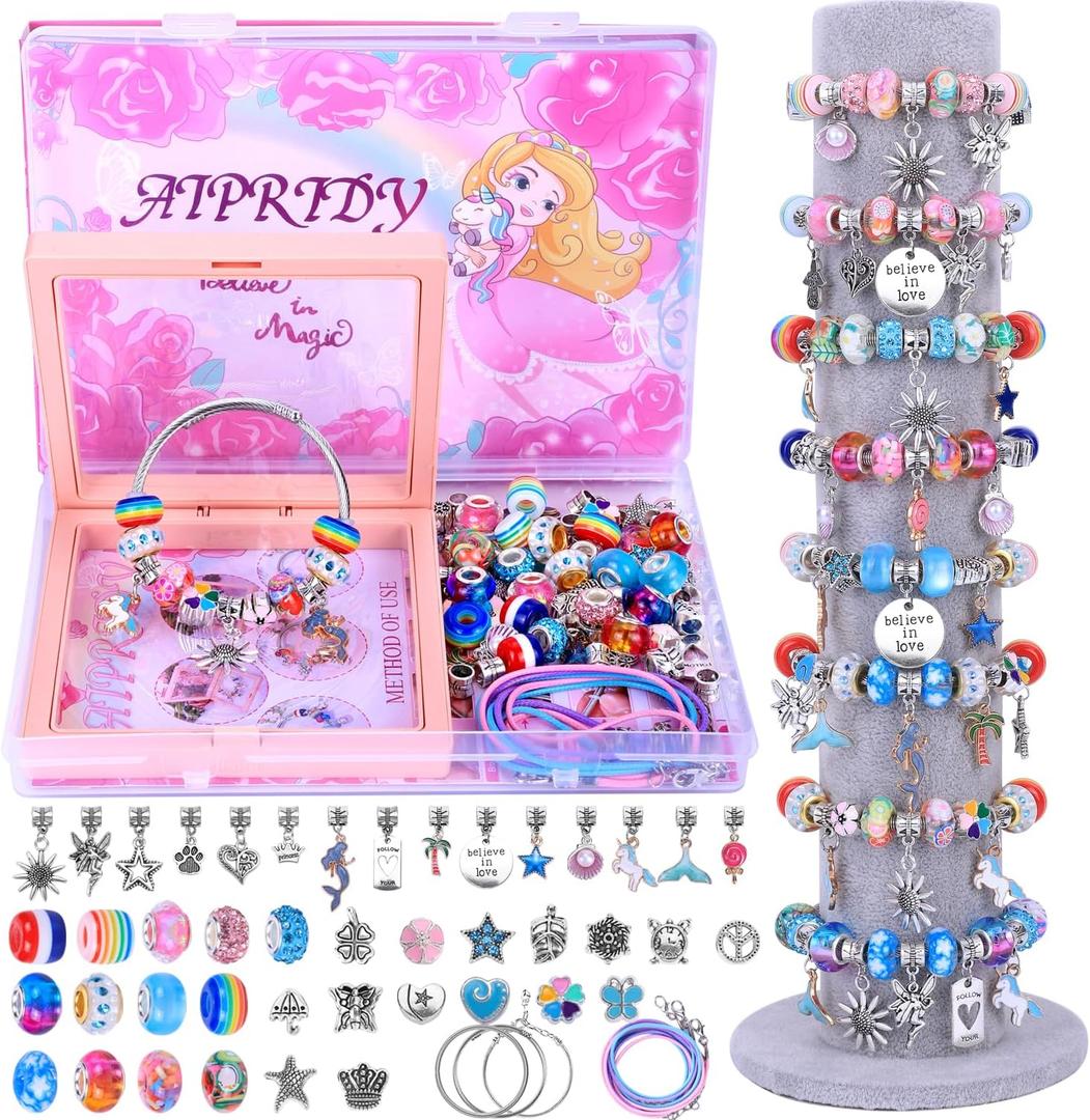 AIPRIDY Charm Bracelet Making Kit,Unicorn Mermaid Crafts Gifts Set Can Inspires Imagination and Creativity,Jewelry Making Kit Perfect Gifts for Girls 5-12 Years Old (72 Pieces Rose)