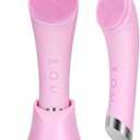 PRITECH Facial Cleansing Brush, Rechargeable Silicone Face Scrubber with Heat Massage End, Vibrating Exfoliator Scrubber for Deep Cleaning, Waterproof Face Brush for Women and Men (Pink)