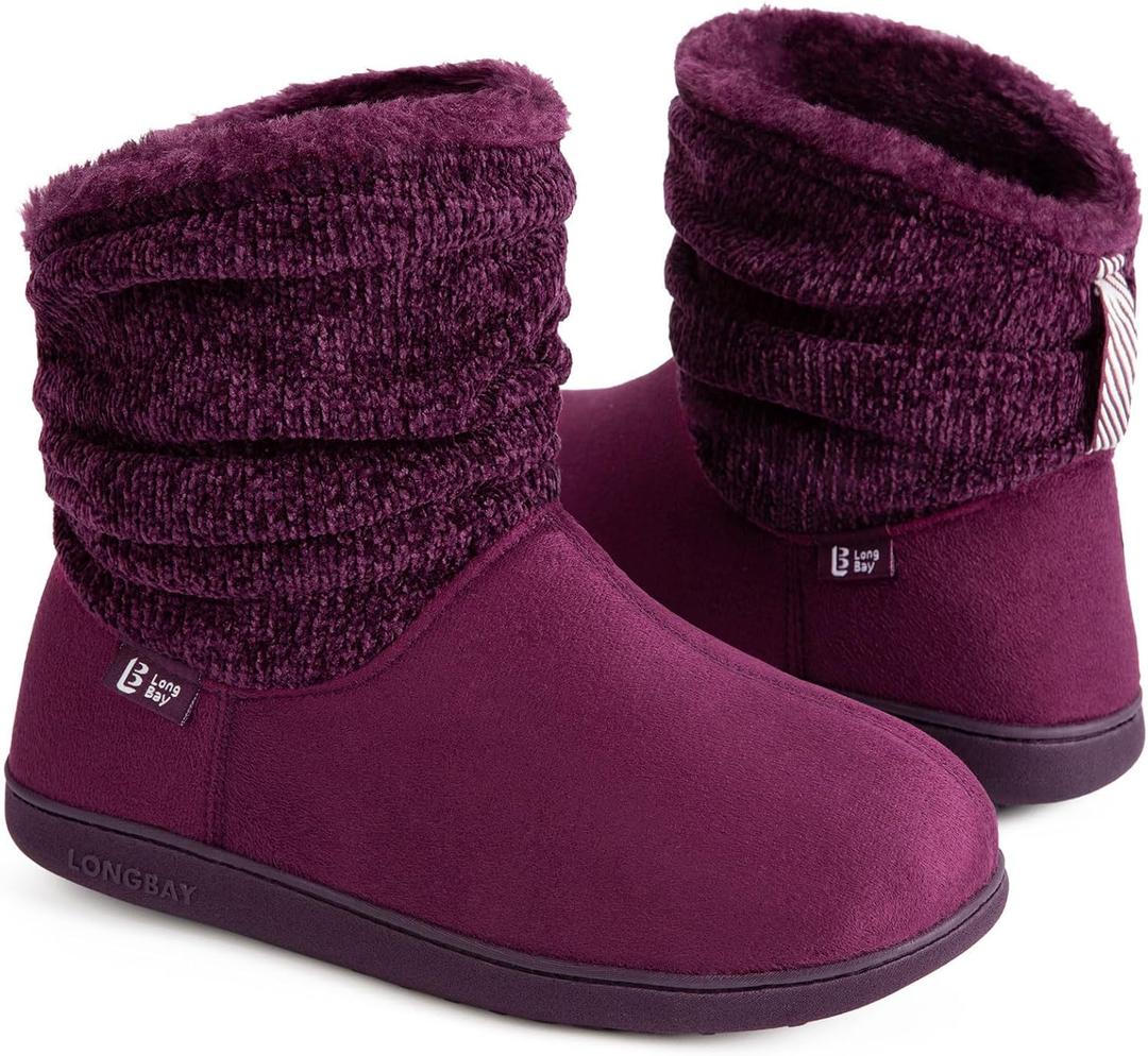 LongBay Women's Warm Chenille Knit Bootie Slippers Memory Foam Comfy Suede Fluffy Faux Fur Boots House Shoes (7-8, Purple)