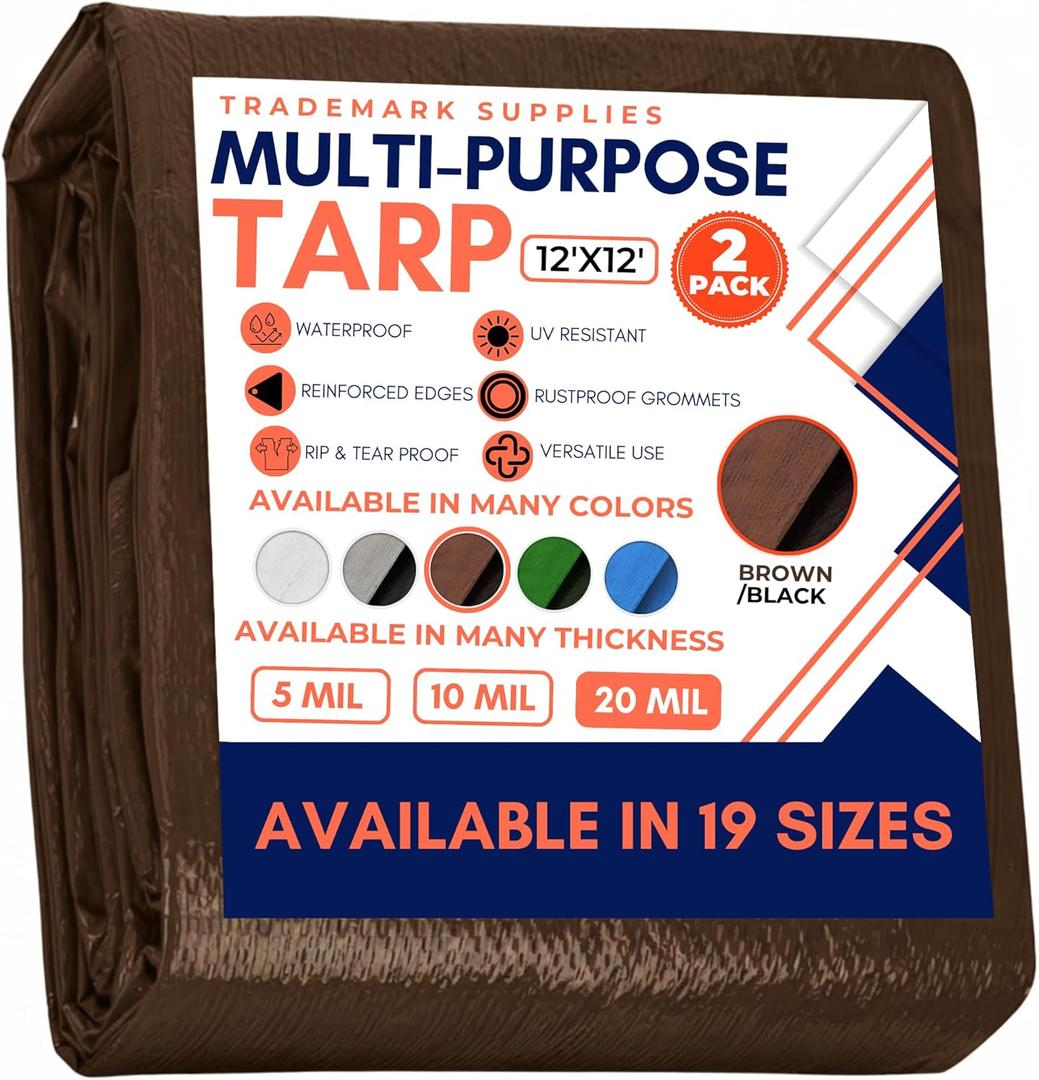Large Waterproof Tarp - Heavy Duty 20 Mil Thick Poly Tarpaulin Ideal for Canopy Tents, Boats, RV or Pool Covers - Multipurpose Protective Tarps with Grommets for Indoor, Outdoor Use | 12' x 12' 2 Pack