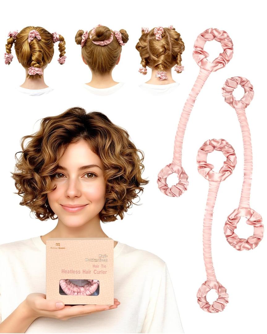 BONNET QUEEN 3 Pack Small Satin Heatless Hair Curler for Short Hair, Heatless Curls Overnight, Hair Curlers to Sleep In, Damage-Free Small Curls with Built-in Scrunchie, Cream Pink