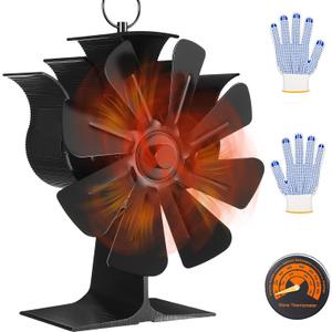 Cinnvoice 8 Blade Wood Stove Fan Heat Powered Non Electric for Air Circulation Thermoelectric Fan with Magnetic Thermometer and Gloves Fireplace Accessories