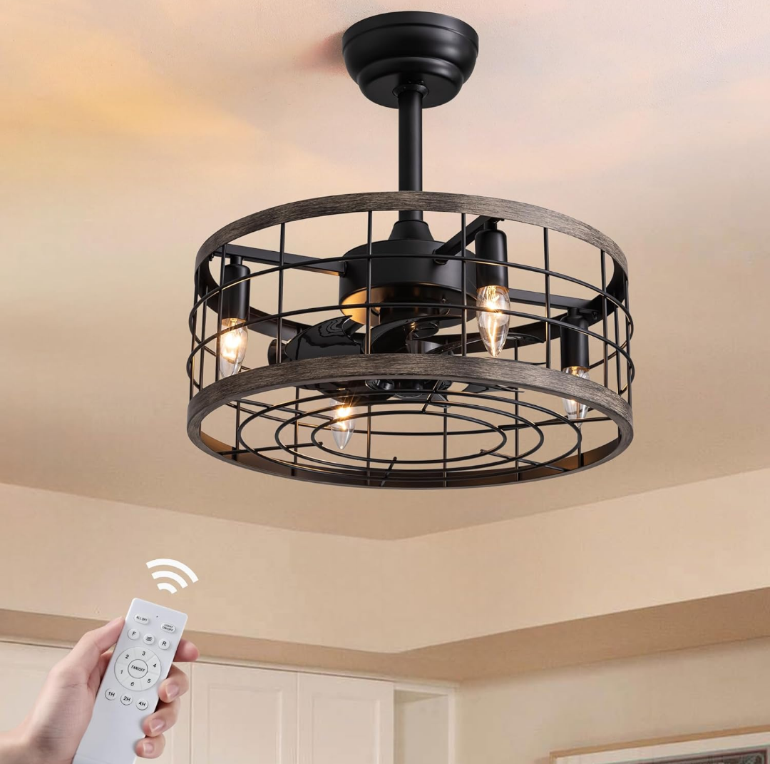 18 in Farmhouse Caged Ceiling Fan with Light & Remote - 6-Speed DC Motor (35dB Max), Sleep/Natural/Cooling Modes, 1/2/4H Timer, Reversible for Sloped/Flat Ceilings, 4xE12 Sockets
