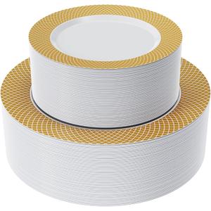 FOCUSLINE Gold Plastic Plates Set of 102, Disposable Plates with Gold Grid Rim 51 Dinner Plates 10" and 51 Salad Dessert Appetizer Plates 7", Elegant Fancy Heavy Duty Wedding Party Plates